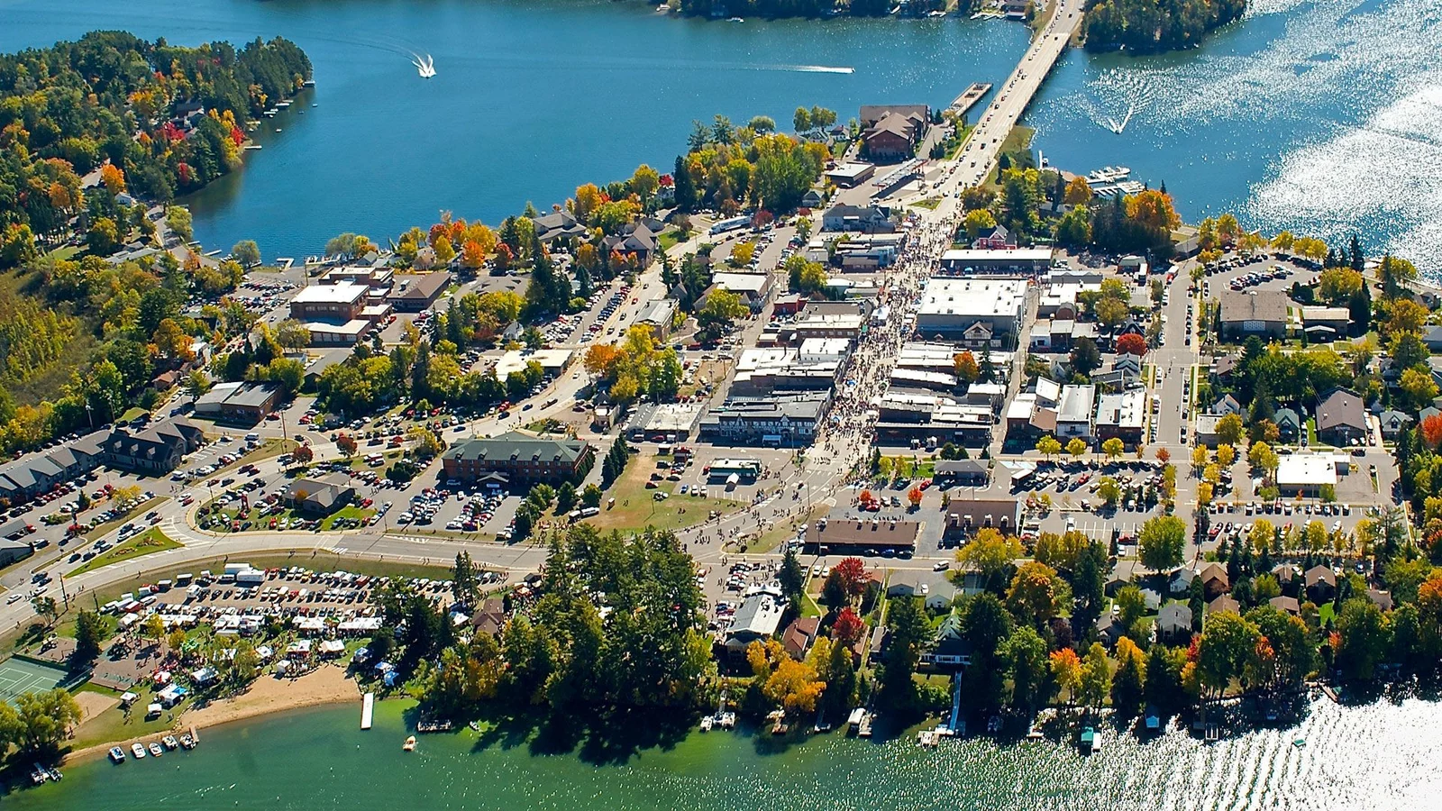 Downtown Minocqua from the air, the main street running between two lakes
