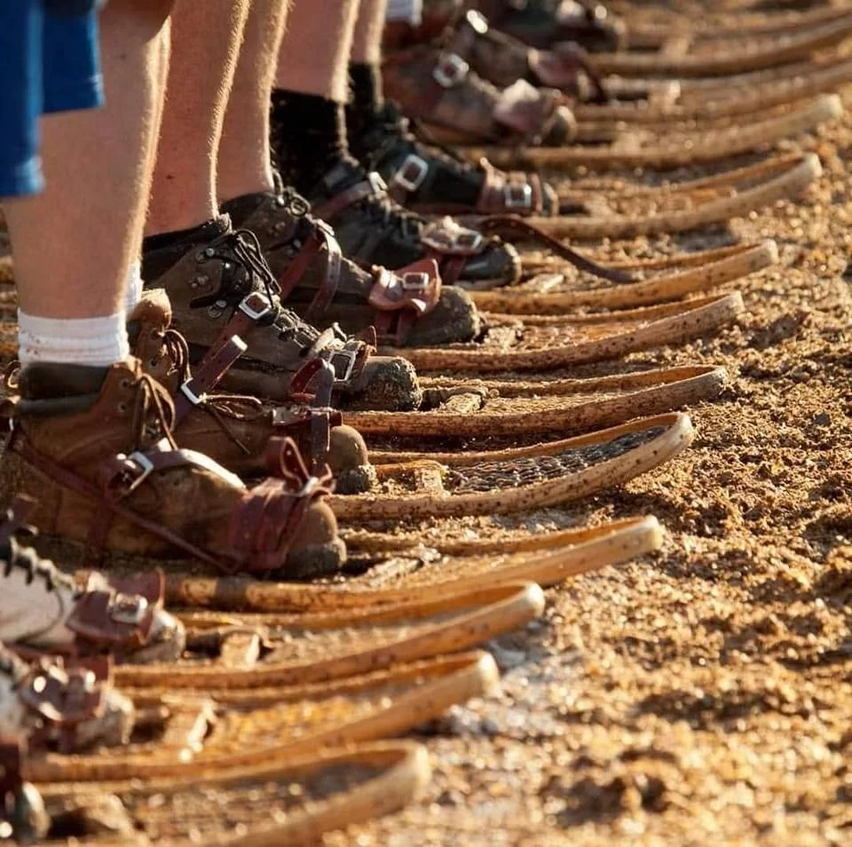 Players in snowshoes on a sawdust infield