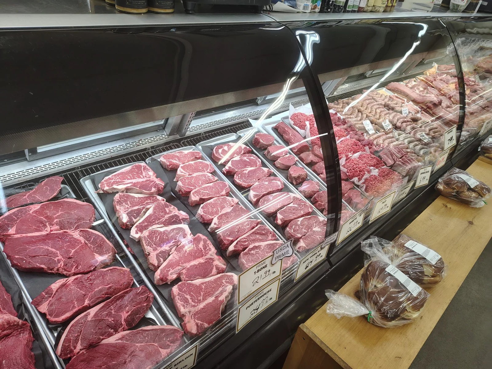 The meat counter, stocked